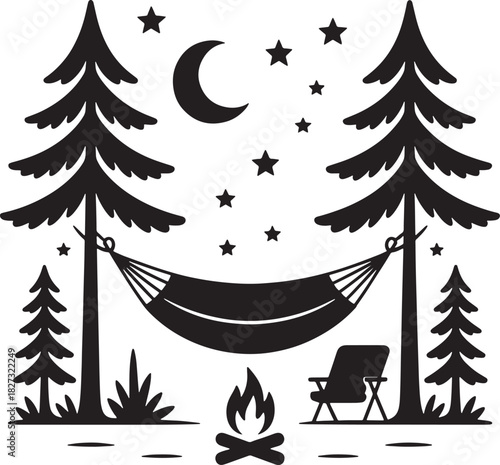 Summer camp in forest with hammock between trees at night vector illustration