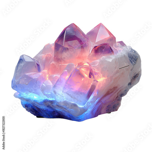 Illuminated amethyst geode cluster with purple and blue light isolated on transparent background