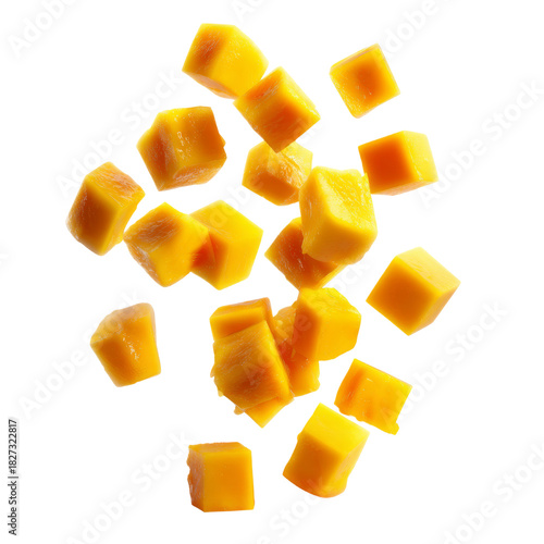 Fresh Mango Fruit Cubes Flying Isolated on White