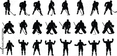 Hockey player silhouette illustration set, black vector, skating, goaltending, stick poses, sports theme, ice hockey artwork