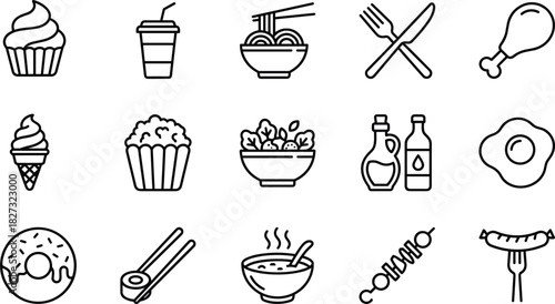 Restaurant Food and Drink Vector Icons Set, Including Desserts, Fast Food, Asian Noodles, Salad, Meat, Cooking Ingredients, and Utensils for Menu Design.
