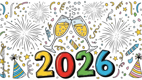 Festive New Year Doodle Collage with 2026, Champagne Glasses, Fireworks and Confetti – Colorful Celebration Outline Art