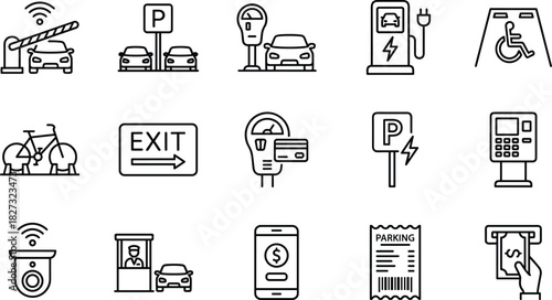 Smart Parking, Transportation, and Urban Mobility Vector Icons Set, Including Payment, EV Charging, Security Gate, Meter, Exit Sign, and Disabled Access Symbols.