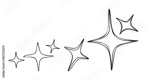 Collection of hand drawn sparkling star shapes with varying sizes and points, perfect for adding a touch of magic and sparkle to festive graphics and celebratory announcements.