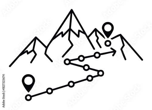 Black and white graphic depicting a winding journey path with pin markers leading over mountainous terrain, ideal for illustrating travel routes, adventure, or project milestones.