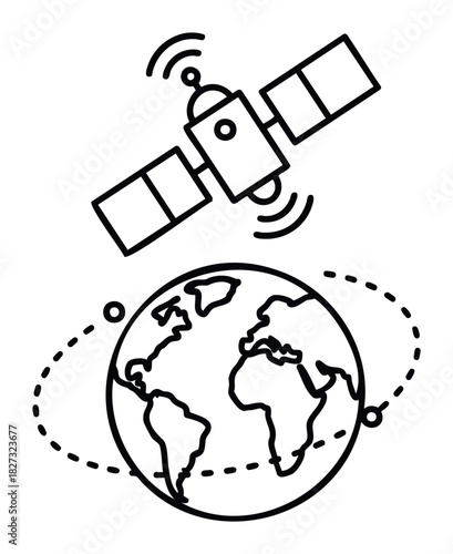 Global communication satellite orbiting Earth, transmitting signals, representing connectivity and space exploration for technology and science projects.