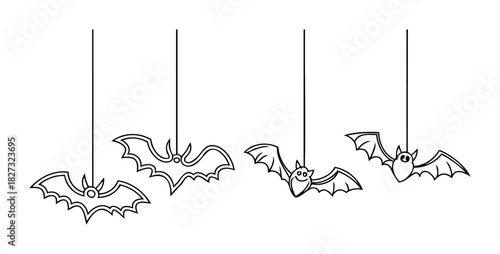 Cute cartoon bats hanging for Halloween decorations or party invitations, perfect for seasonal event promotion and spooky theme designs