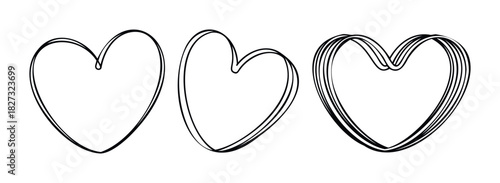 Three simple sketchy hearts drawn with black lines on a white background, perfect for romance or affection related themes and projects.