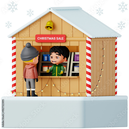 Professionally rendered 3D icon of visiting a festive Christmas market in a cozy winter setting. Ideal for e-commerce, apps, and digital products needing clean, high-quality visuals.