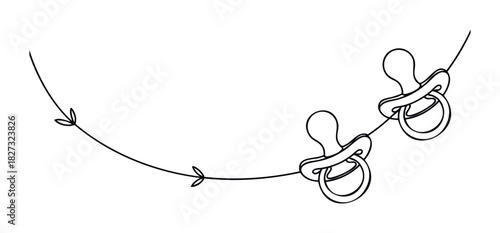 Simple line drawing of two baby pacifiers connected by a flowing vine with leaves, perfect for newborn announcements or baby shower invitations.
