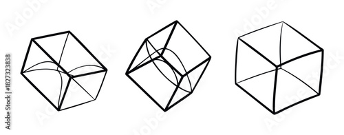 Abstract geometric shapes featuring cubes in different perspectives and internal curved lines, suitable for architectural concepts or abstract visual displays.