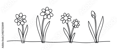 Minimalist line art collection of blooming flowers and a bud, perfect for spring themes and natureinspired graphic usage