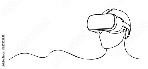 Minimalist line drawing of a person wearing virtual reality headset connected by a wavy cable, perfect for technology and metaverse themes.