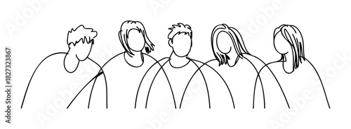 Group of five friends or diverse people in a simple line drawing style conveying unity and connection for social media or teamwork concepts.