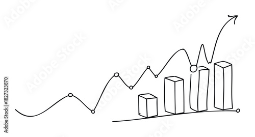 Hand drawn graph showing upward trend with bar chart elements signifying growth and success for business reports and financial presentations
