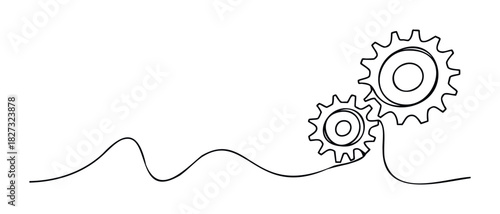 Two interlocking gears connected by a wavy line symbolizing connection and movement, perfect for technology or progress related concepts.