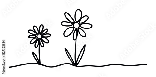 Simple line drawings of two delicate flowers growing from a wavy ground line, perfect for nature themes, organic designs, and spring celebrations.