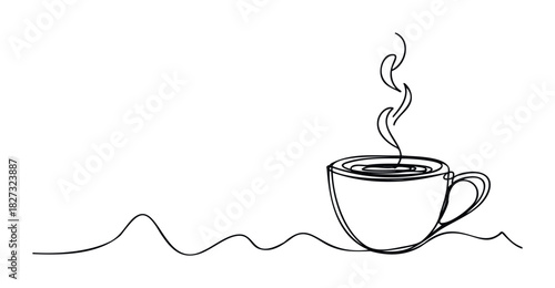 Simple continuous line drawing of a steaming coffee cup on a wavy surface, perfect for cafe promotions and beverage branding