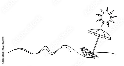 Minimalist black and white line drawing of a sun, beach umbrella, and lounge chair on gentle waves for a vacation or summer theme concept.