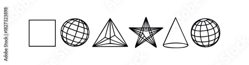 Set of geometric shapes including spheres, pyramid, star, cone, and rectangle for educational or architectural concepts.