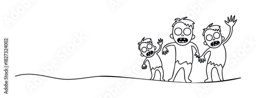 Three quirky figures with wide eyes and open mouths stand together on a wavy line, perfect for adding a humorous and slightly unsettling touch to your projects.