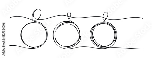 Minimalist one line drawing of three abstract hanging shapes suspended by flowing lines for holiday decoration or organic forms for graphic design projects