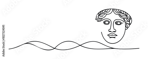 Minimalist outline of a classical Greek sculpture bust with flowing wavy lines in black and white, ideal for use in abstract headers or decorative borders.