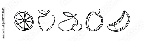 Fresh fruit collection featuring orange slice, apple, cherries, plum and banana slices in minimalist single line drawing style for healthy food and summer themes.