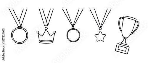 Collection of outline awards including medals, crown, and trophy symbolizing achievement and victory, perfect for celebrating success in various contexts