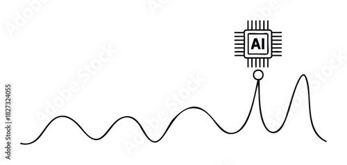 Emerging technology advancement depicted by an AI chip peaking on a wavy graph, symbolizing growth and innovation for future business and tech exploration.