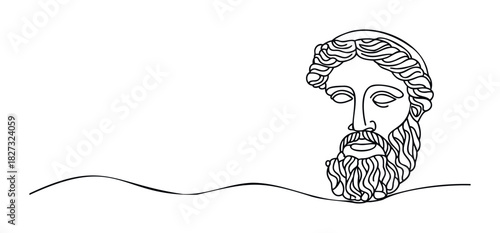 Minimalist line drawing of a classical sculpted face with flowing hair and beard, presented in a simple outline style suitable for architectural visualization or cultural themes.