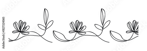 Minimalist continuous line drawing of delicate floral branches and leaves creating a natural border for organic, botanical decorative themes.