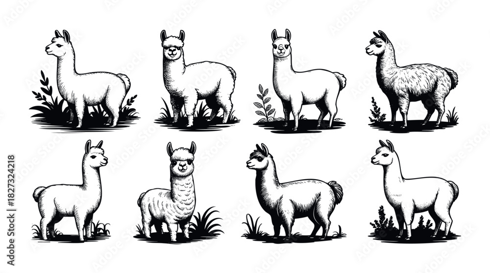 Obraz premium Collection of handdrawn llama portraits in various poses and with surrounding foliage, ideal for greeting cards, apparel, and farm animal themes.
