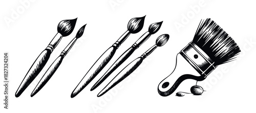 Collection of vintage style paintbrushes and a large house painting brush with dripping paint, perfect for graphic work, artistic projects, and home improvement concepts.