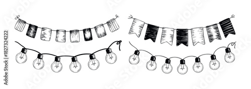 Hand drawn string lights and bunting flags for festive decoration and party celebrations offering a cheerful ambiance for events and occasions