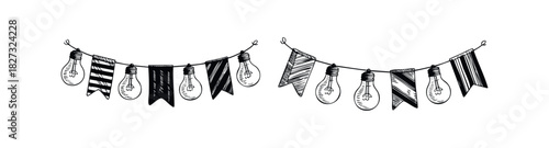 Hand drawn string lights with festive flags and illuminated bulbs, perfect for holiday celebrations, party decor, or special event ambiance in graphic projects.