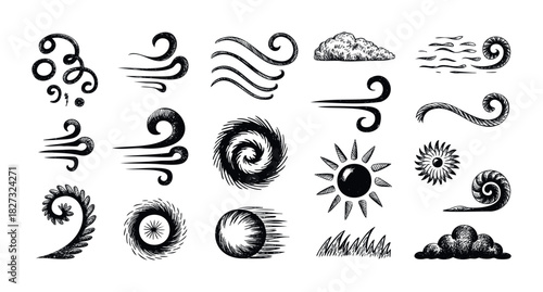 Collection of stylized hand drawn icons representing weather phenomena like wind, clouds, and the sun, suitable for digital and print media.