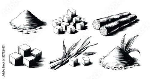 Black and white sketches of sugar cane, granulated sugar piles, and sugar cubes offer various representations for food and beverage industries for marketing and educational purposes.