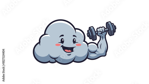 Strong cloud mascot lifting heavy dumbbell for fitness and power
