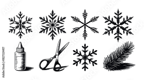 Collection of handdrawn snowflakes and winter crafting supplies including glue bottle and scissors for holiday scrapbooking and decoration projects
