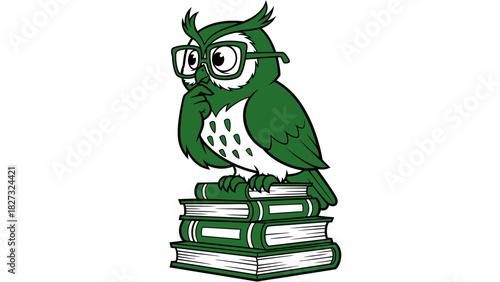 Cartoon owl with glasses thinking, perched on stack of books.