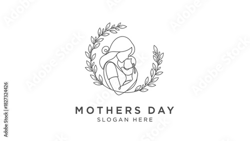 Continuous line art mother baby embrace and laurel wreath logo