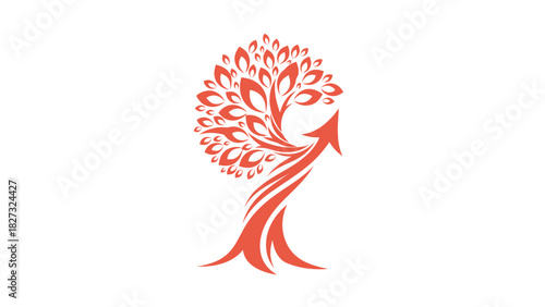 Abstract orange tree logo with ascending arrow symbol of growth