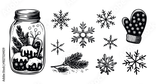Collection of winter holiday decorations including a mason jar with snowcovered treats and pine branches, snowflakes, and a mitten, perfect for seasonal greeting cards and festive graphic