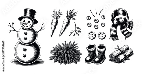 Black and white woodcut style composition featuring a snowman, carrots, fir branch, boots, scarf, and firewood logs, perfect for winter holiday themes and seasonal promotions.