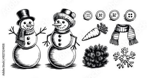 Whimsical Christmas set featuring two charming snowmen in festive hats and scarves, accompanied by winter elements like carrots, buttons, pine, and snowflakes for holiday compositions.