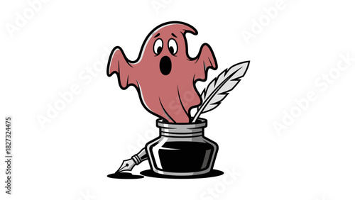 Spooky ghost emerging from inkwell with quill pen illustration