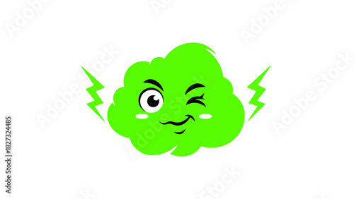 Energetic green cloud character winking with lightning bolts