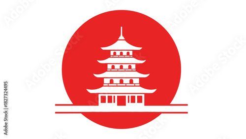 Japanese pagoda icon on a red sun circle, symbol of asian culture