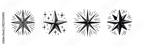 Collection of hand drawn compass rose stars and celestial elements representing guidance and wonder for diverse projects.
